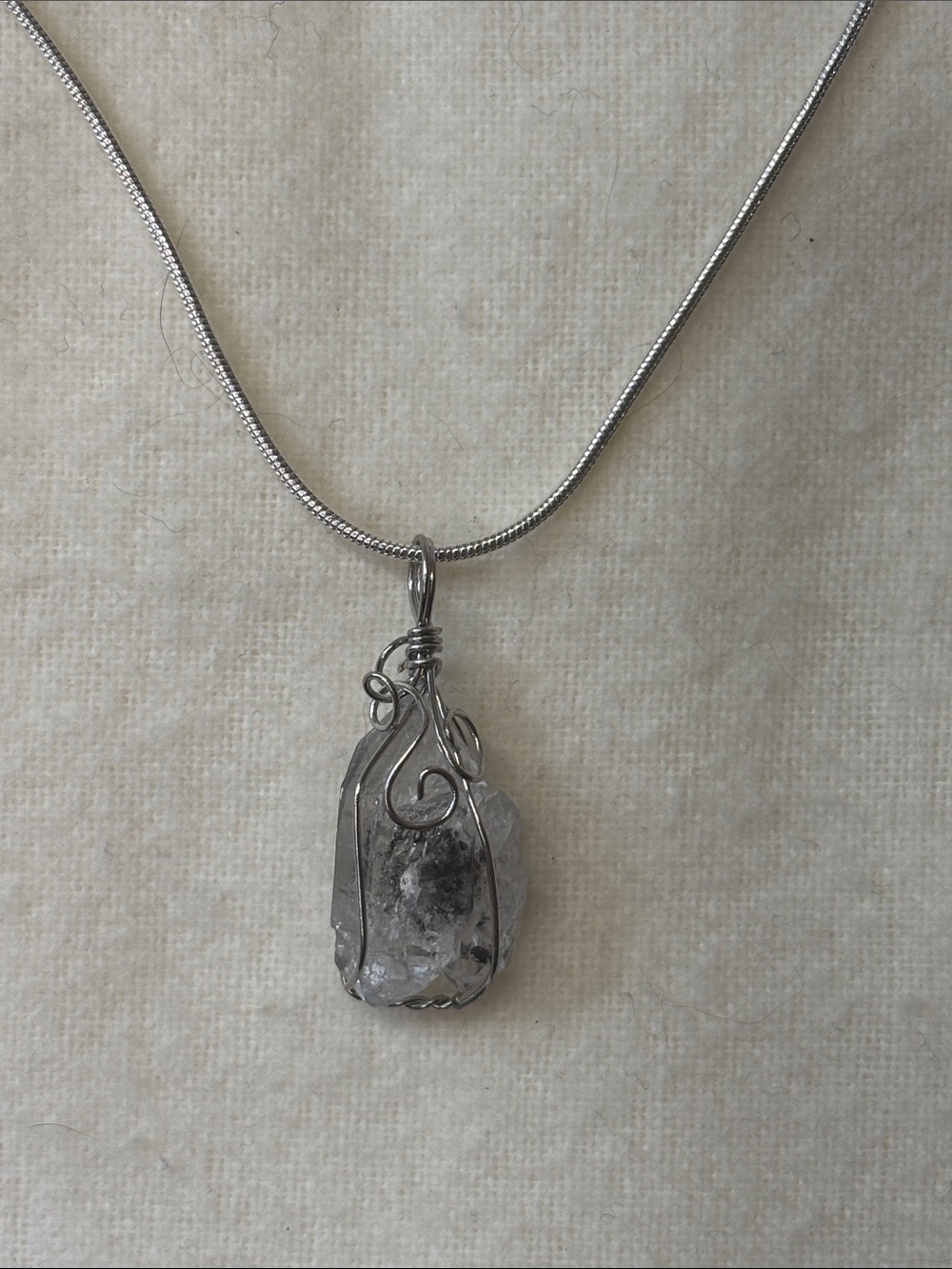 Herkimer Diamond Quartz Wire Wrapped Pendant Silver tone Necklace